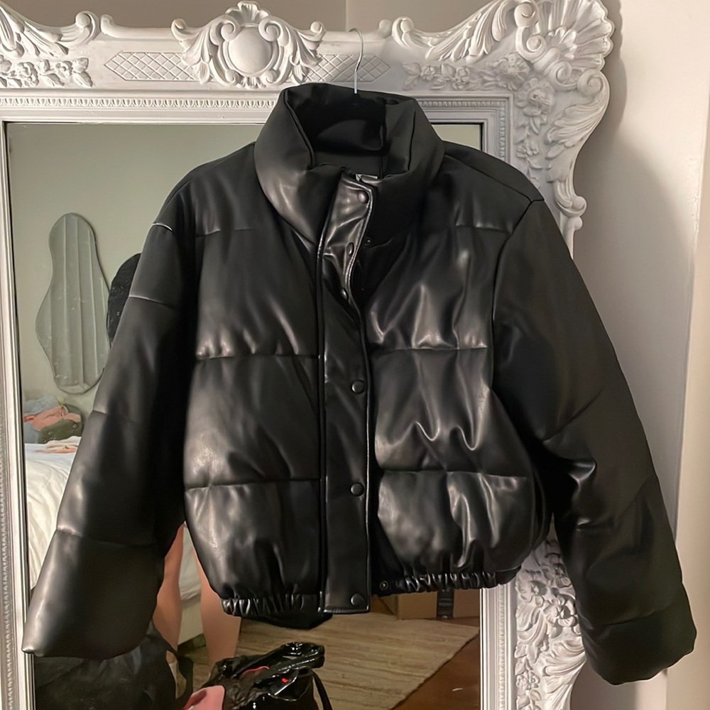 Vegan Leather Cropped Puffer Jacket